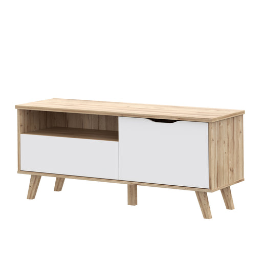 Comoda TV Mica Cu 1 Usa Si 1 Sertar Vankka, Stejar Pardosit Si Alb, 124.4 Cm