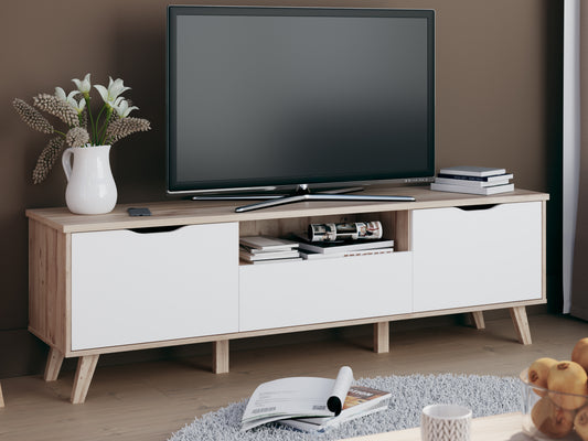 Comoda TV Mare Cu 2 Usi Si 1 Sertar Vankka, Stejar Pardosit Si Alb, 179.1 Cm