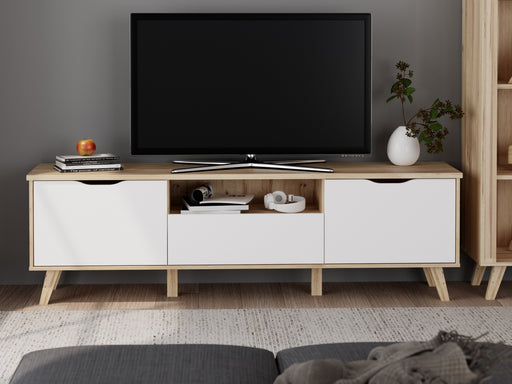 Comoda TV Mare Cu 2 Usi Si 1 Sertar Vankka, Stejar Pardosit Si Alb, 179.1 Cm