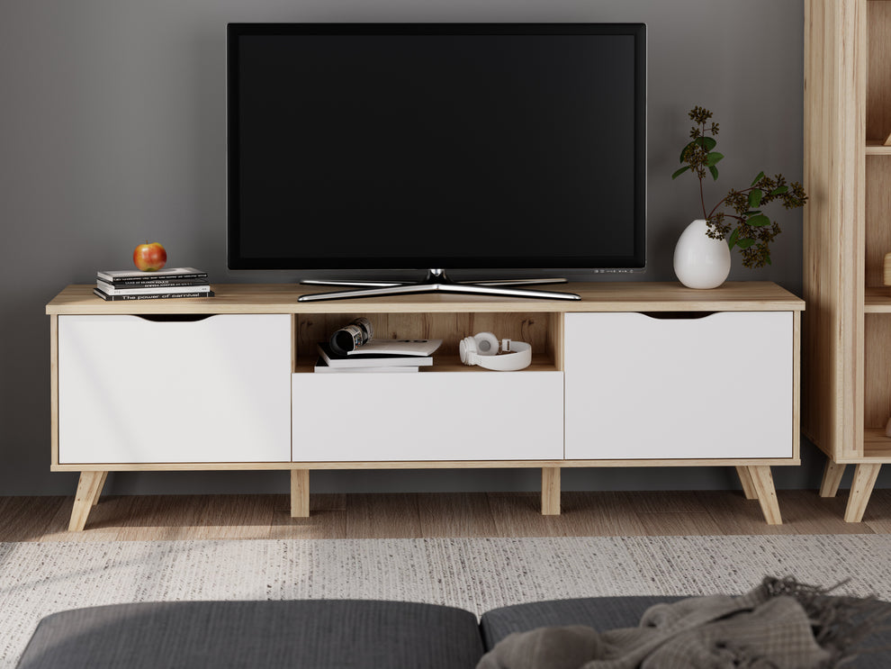 Comoda TV Mare Cu 2 Usi Si 1 Sertar Vankka, Stejar Pardosit Si Alb, 179.1 Cm