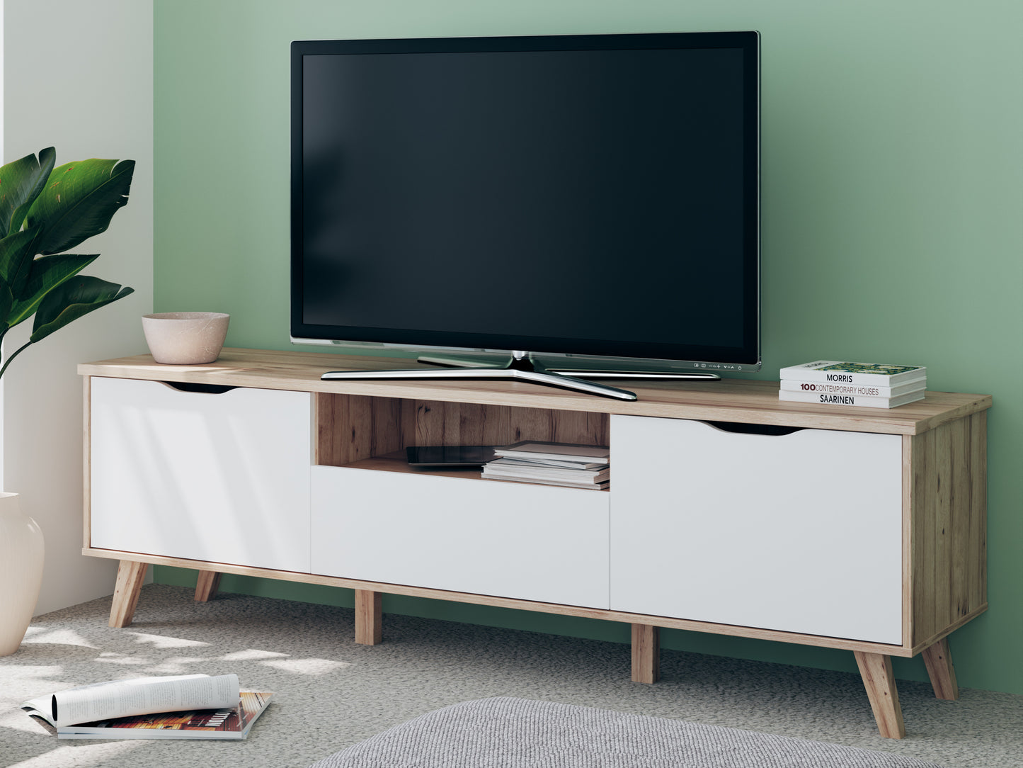 Comoda TV Mare Cu 2 Usi Si 1 Sertar Vankka, Stejar Pardosit Si Alb, 179.1 Cm