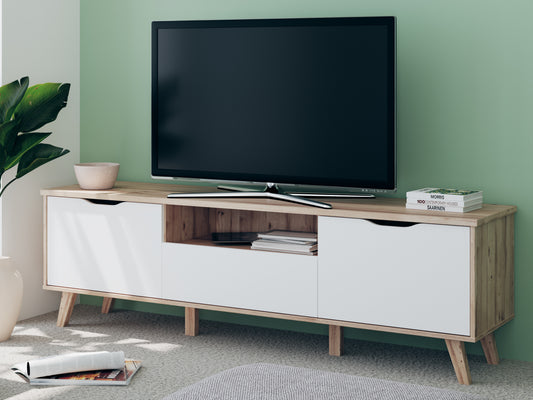 Comoda TV Mare Cu 2 Usi Si 1 Sertar Vankka, Stejar Pardosit Si Alb, 179.1 Cm