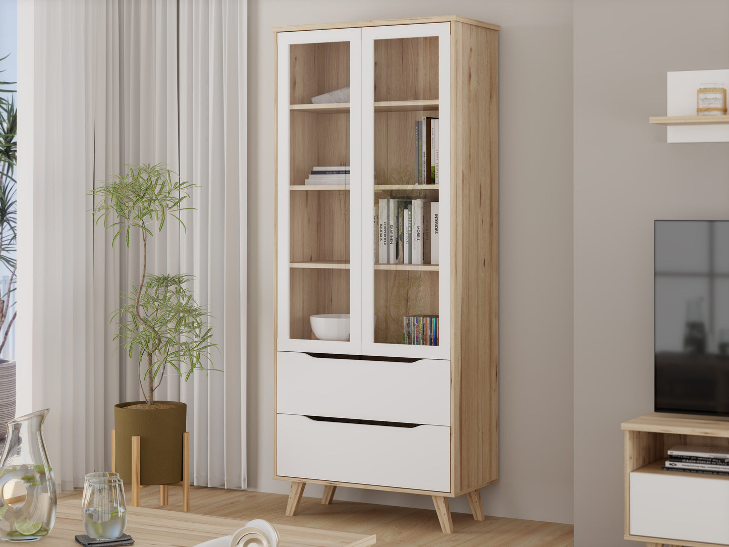 Vitrina Cu 2 Usi Si 2 Sertare Vankka, Stejar Pardosit Si Alb, 84.7 Cm