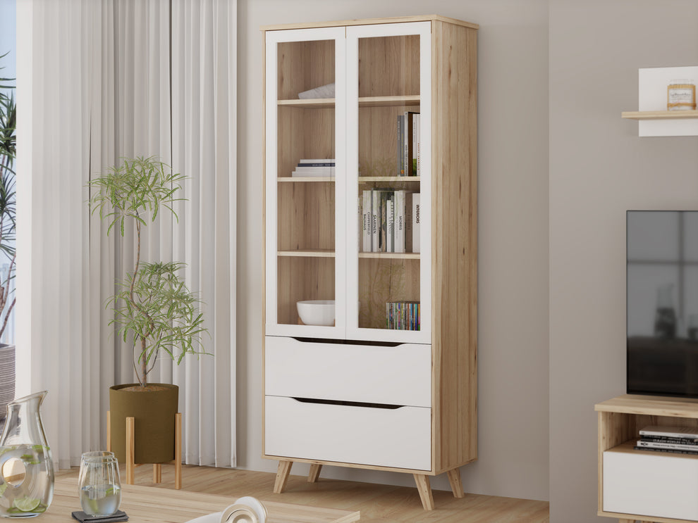 Vitrina Cu 2 Usi Si 2 Sertare Vankka, Stejar Pardosit Si Alb, 84.7 Cm