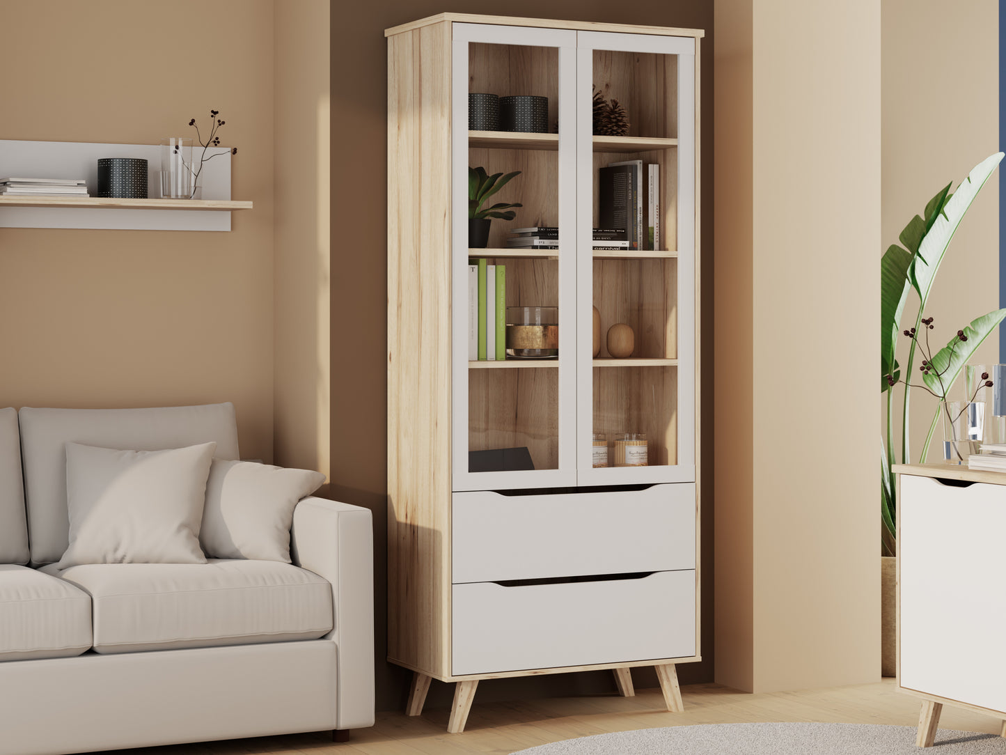 Vitrina Cu 2 Usi Si 2 Sertare Vankka, Stejar Pardosit Si Alb, 84.7 Cm