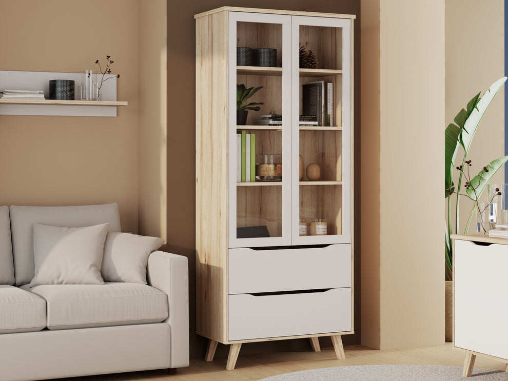Vitrina Cu 2 Usi Si 2 Sertare Vankka, Stejar Pardosit Si Alb, 84.7 Cm