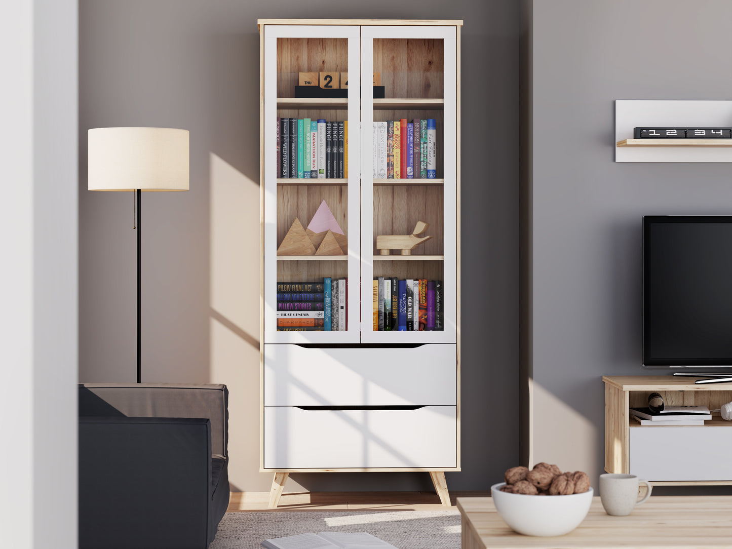 Vitrina Cu 2 Usi Si 2 Sertare Vankka, Stejar Pardosit Si Alb, 84.7 Cm