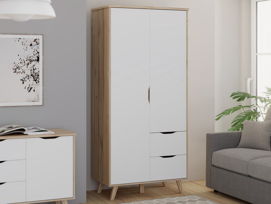 Dulap 2 Usi Si 2 Sertare Vankka, Stejar Pardosit Si Alb, 94.7 Cm