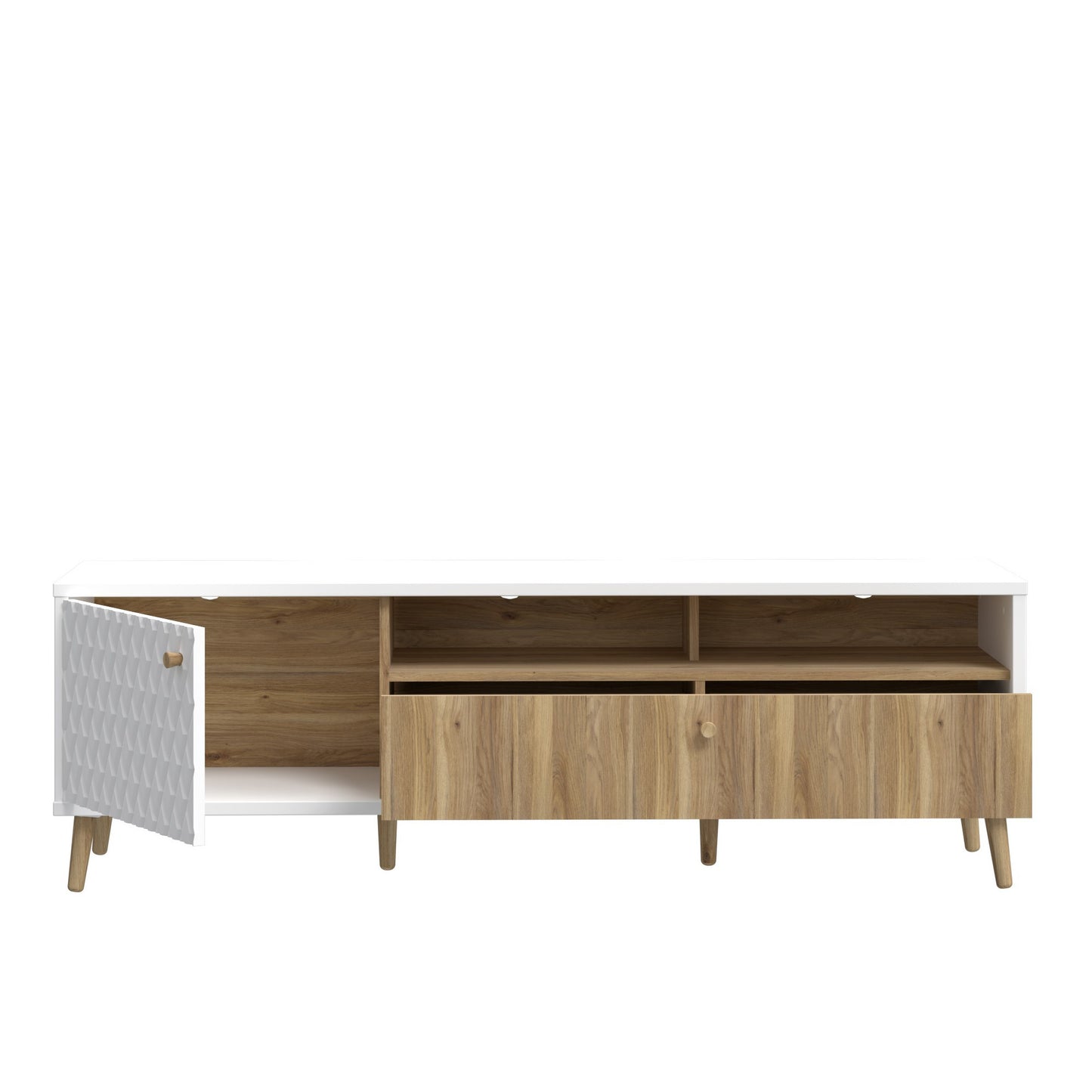 Comoda Tv Mare Cu 1 Usa Si 1 Sertar Ankona, Alb Si Stejar Mauvella, 154.5 Cm