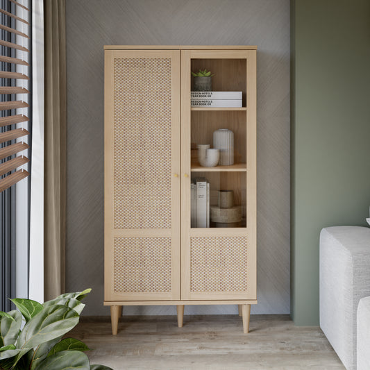 Vitrina 2 Usi Charleston, Stejar Elegancia Si Polyrattan, 80.1 Cm