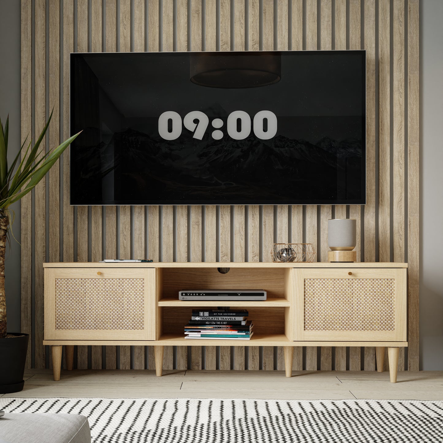 Comoda TV 2 Usi Charleston, Stejar Elegancia si Polyrattan 159.8 Cm