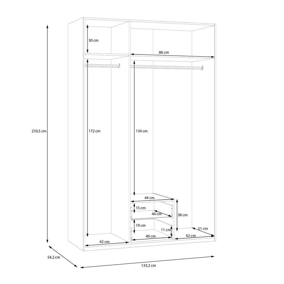 Dulap 3 Usi Si 2 Sertare Ecobest 2 Stejar Mauvella, 133.2 Cm