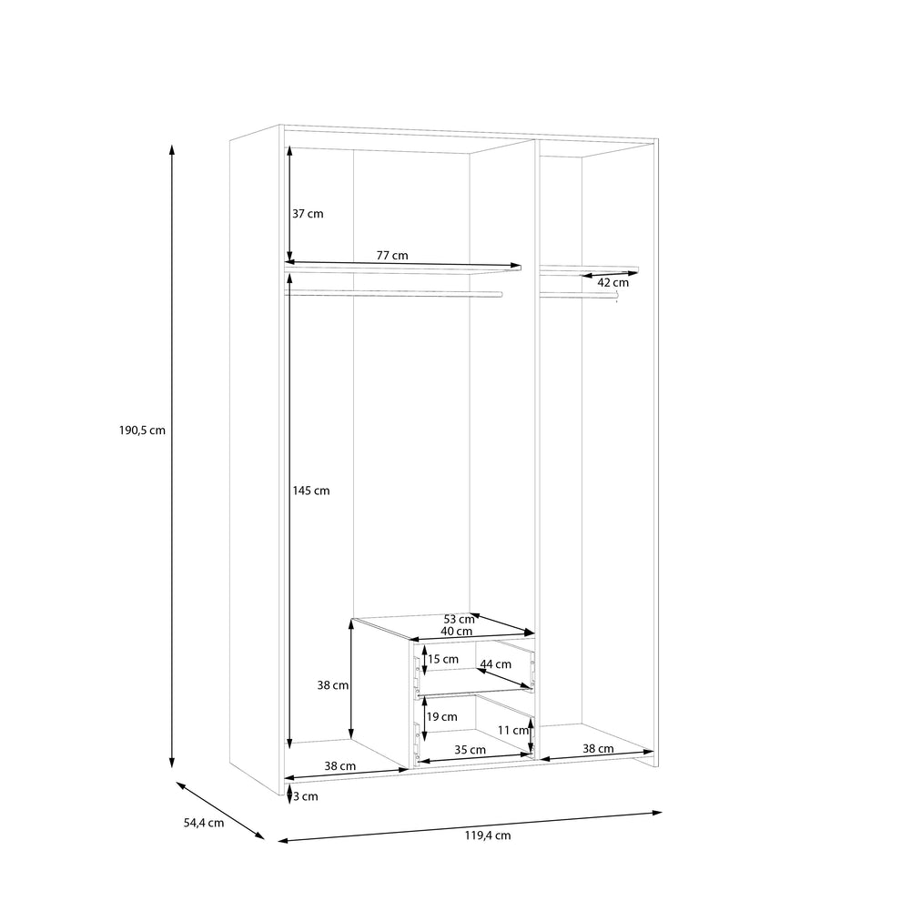 Dulap 3 Usi Ecobest  Alb Si Stejar Puccini, 119.4 Cm