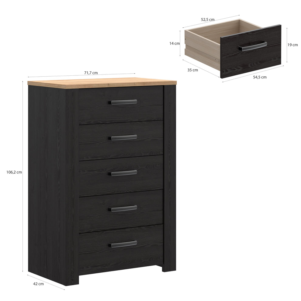 Comoda 5 Sertare  Blackhit, Stejar Riviera Si Stejar Cabezone, 71.7  Cm