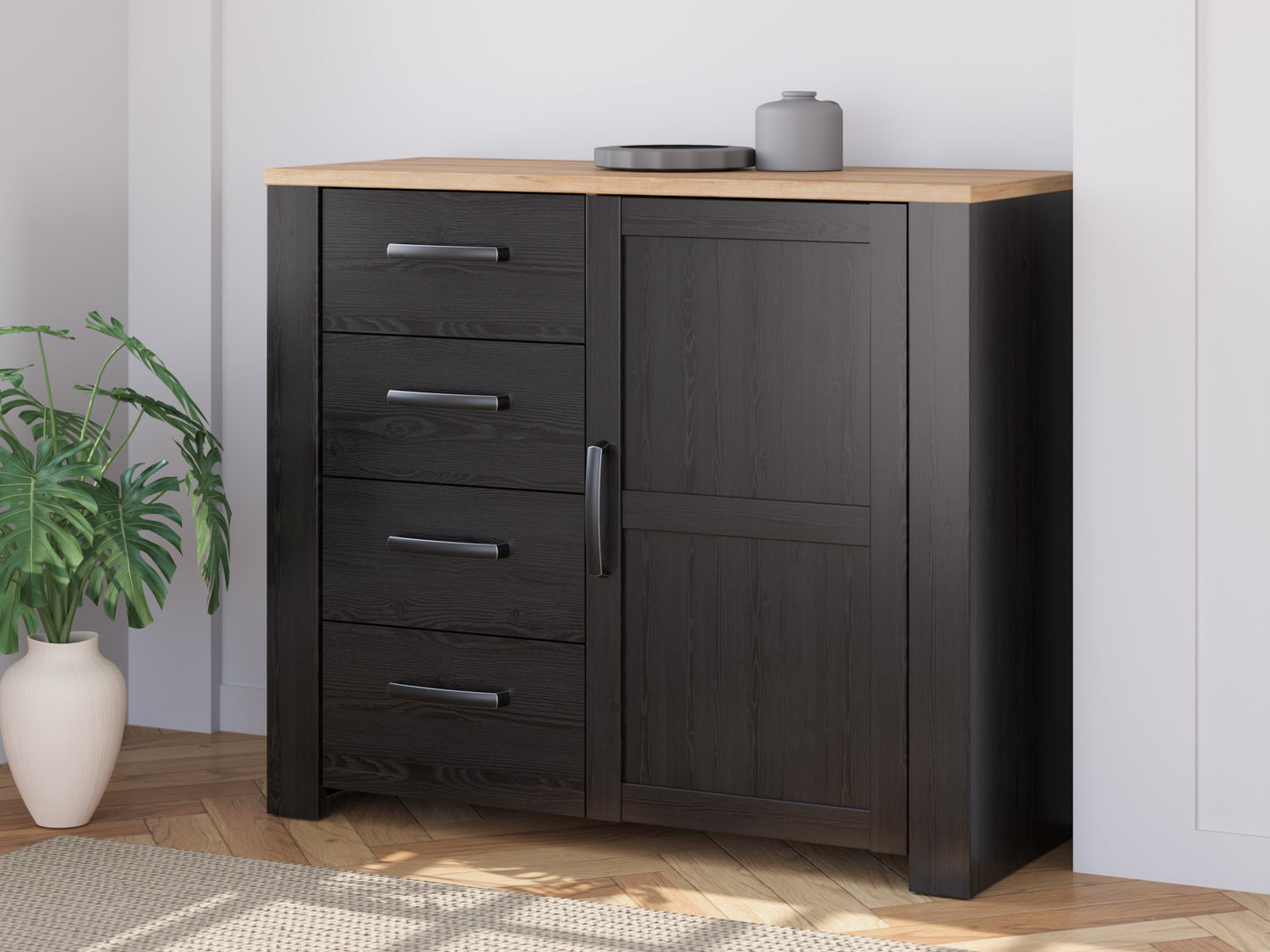 Comoda Cu 4 Sertare Si 1Usa Blackhit, Stejar Riviera Si Stejar Cabezone, 101.4 Cm