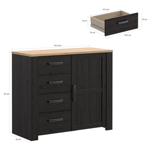 Comoda Cu 4 Sertare Si 1Usa Blackhit, Stejar Riviera Si Stejar Cabezone, 101.4 Cm