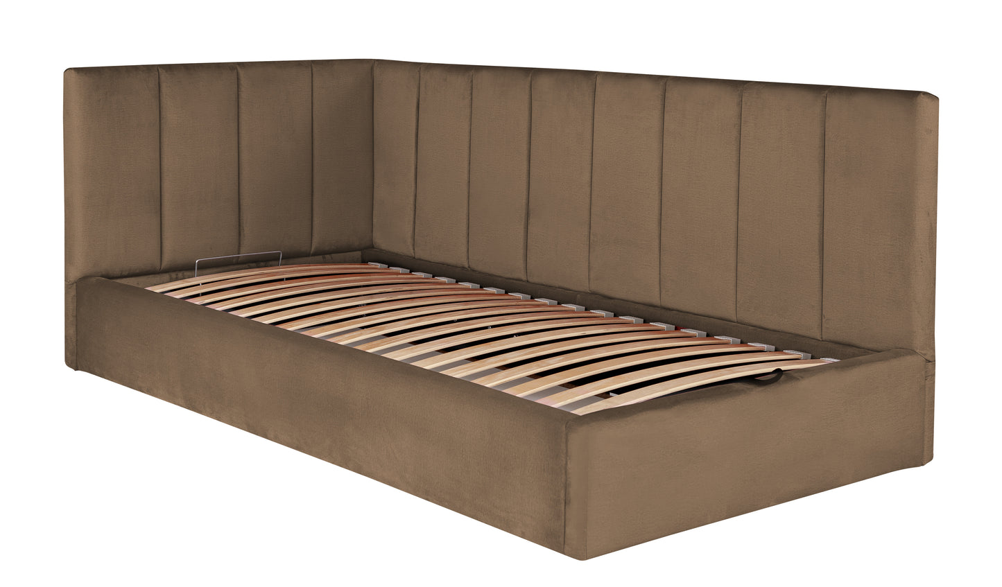 Pat Tapitat Ravel Junior, Dimensiune Saltea 90 x 200 Cm, Cu Somiera Rabatabila Si Panou Dreapta, Maro