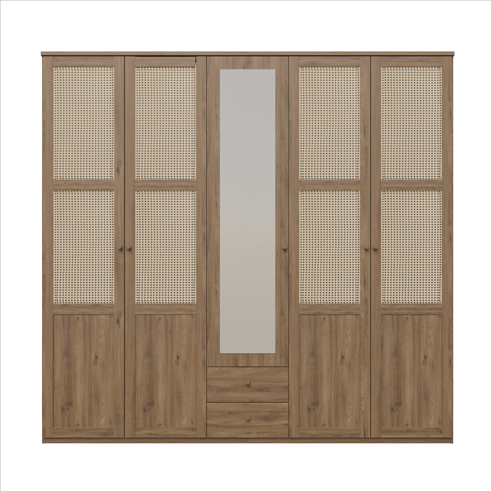 Dulap Cu 5 Usi Glowkiss, Stejar Valencia Si Ratan Natural, 223.4 Cm
