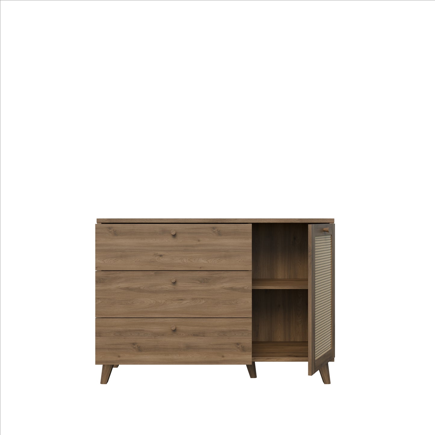 Comoda 1 Usa Si 3 Sertare Glowkiss, Stejar Valencia Si Ratan Natural, 119.5 Cm