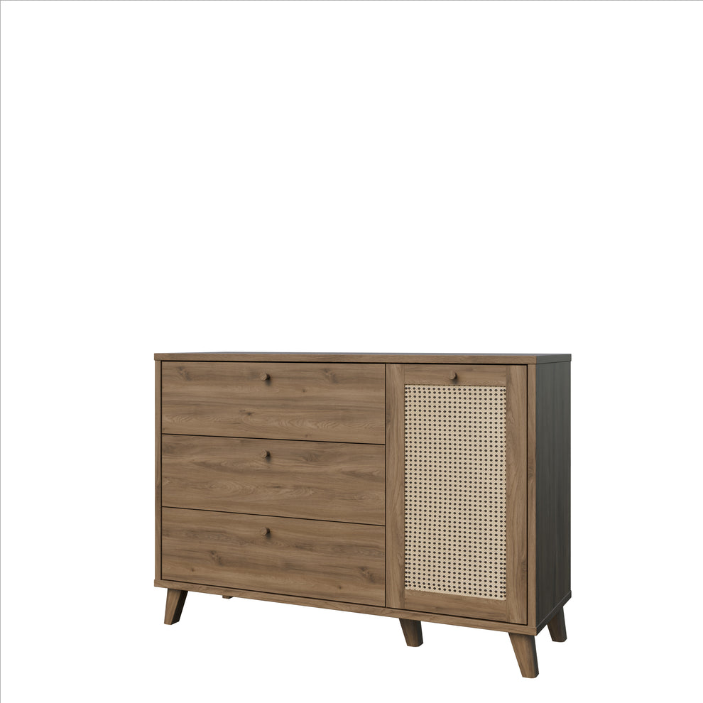 Comoda 1 Usa Si 3 Sertare Glowkiss, Stejar Valencia Si Ratan Natural, 119.5 Cm
