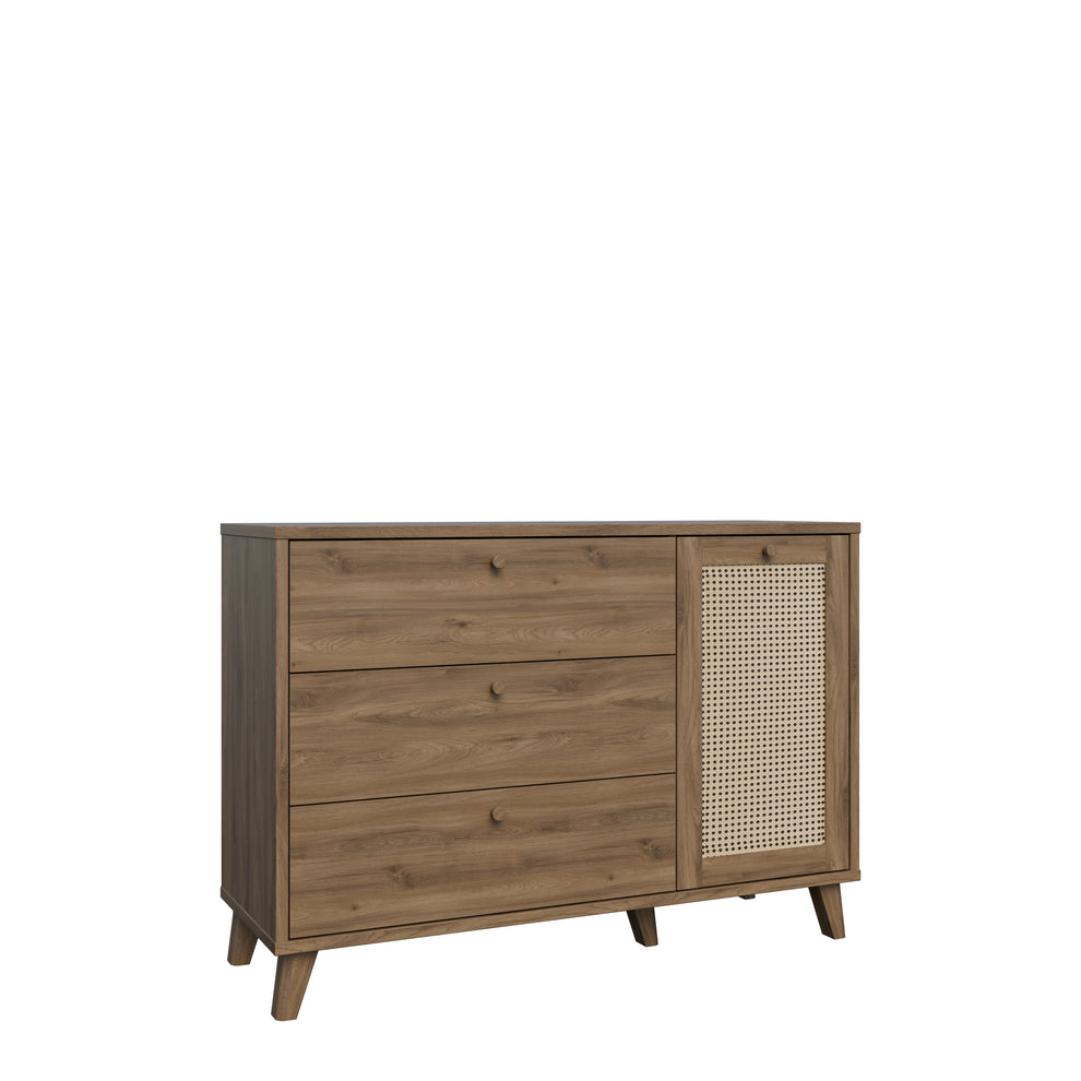 Comoda 1 Usa Si 3 Sertare Glowkiss, Stejar Valencia Si Ratan Natural, 119.5 Cm