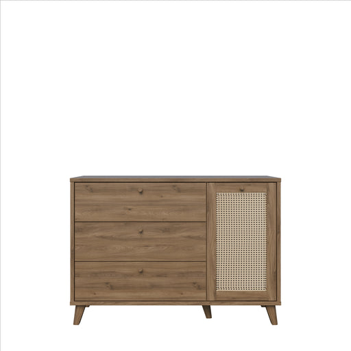 Comoda 1 Usa Si 3 Sertare Glowkiss, Stejar Valencia Si Ratan Natural, 119.5 Cm