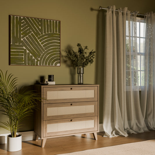 Comoda 3 Sertare Glowkiss, Stejar Valencia Si Ratan Natural, 89.8 Cm