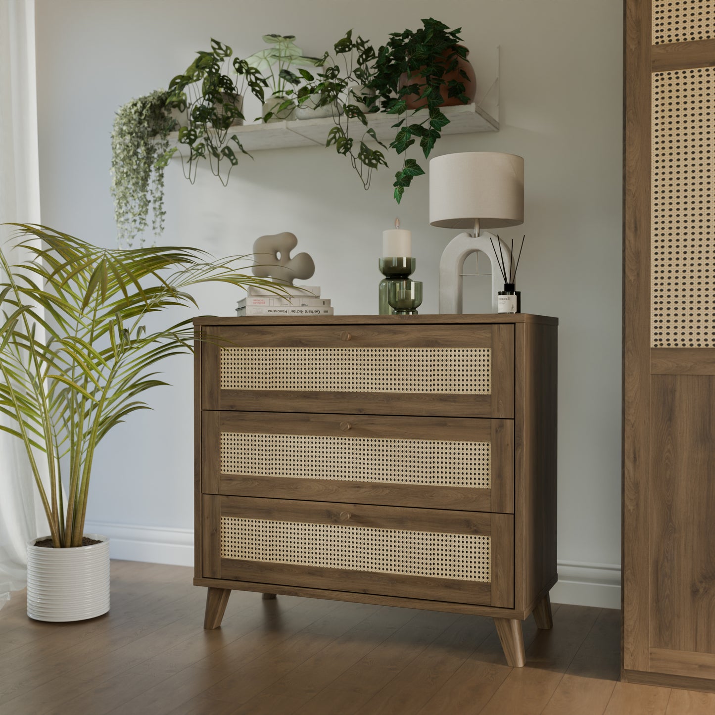 Comoda 3 Sertare Glowkiss, Stejar Valencia Si Ratan Natural, 89.8 Cm