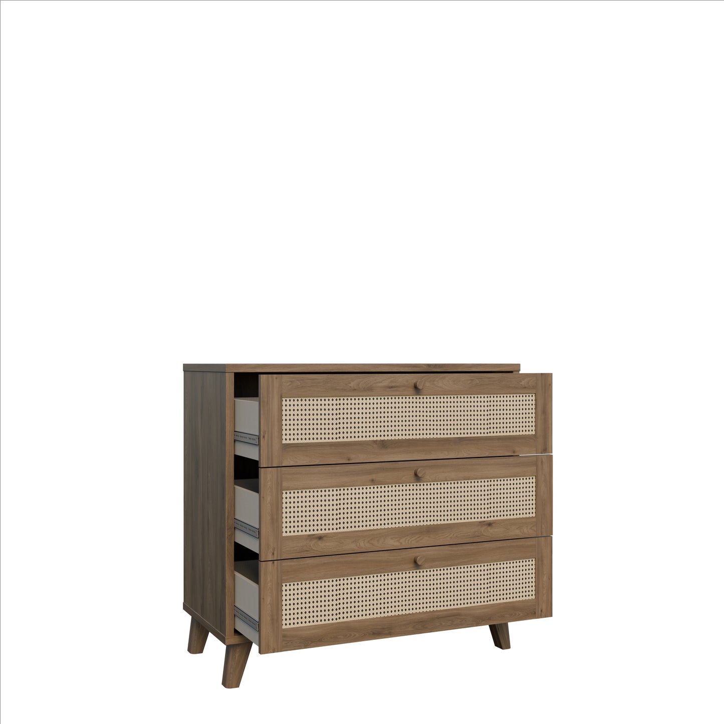Comoda 3 Sertare Glowkiss, Stejar Valencia Si Ratan Natural, 89.8 Cm