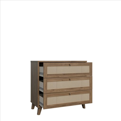 Comoda 3 Sertare Glowkiss, Stejar Valencia Si Ratan Natural, 89.8 Cm