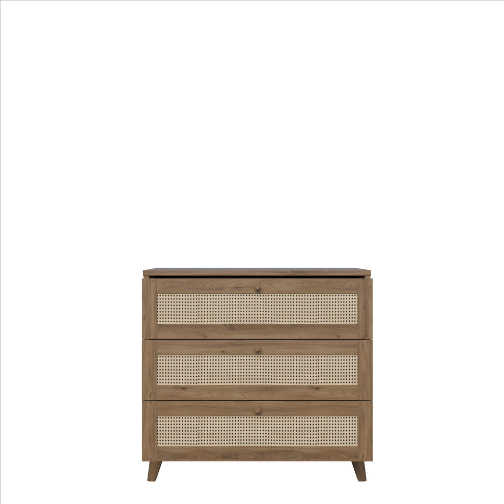 Comoda 3 Sertare Glowkiss, Stejar Valencia Si Ratan Natural, 89.8 Cm
