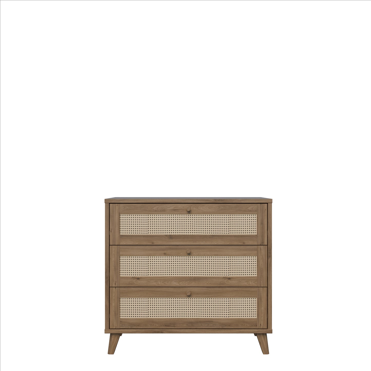 Comoda 3 Sertare Glowkiss, Stejar Valencia Si Ratan Natural, 89.8 Cm