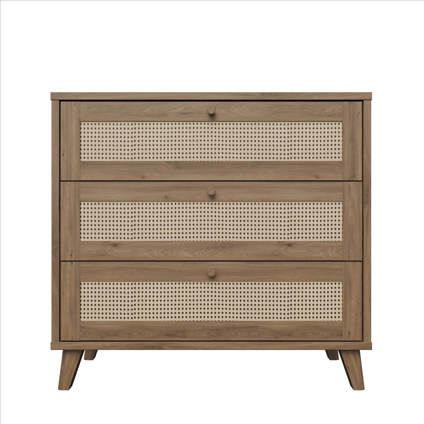 Comoda 3 Sertare Glowkiss, Stejar Valencia Si Ratan Natural, 89.8 Cm