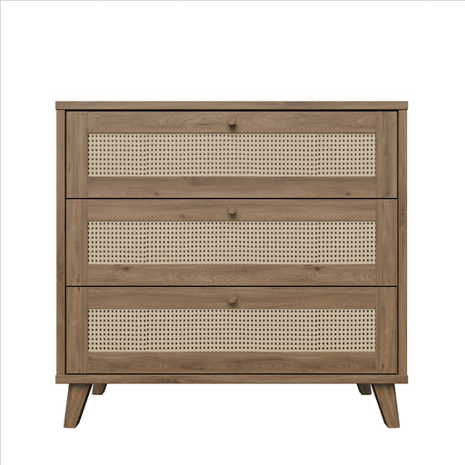 Comoda 3 Sertare Glowkiss, Stejar Valencia Si Ratan Natural, 89.8 Cm