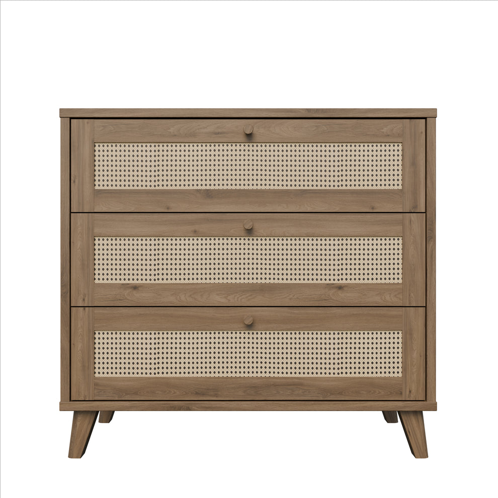 Comoda 3 Sertare Glowkiss, Stejar Valencia Si Ratan Natural, 89.8 Cm