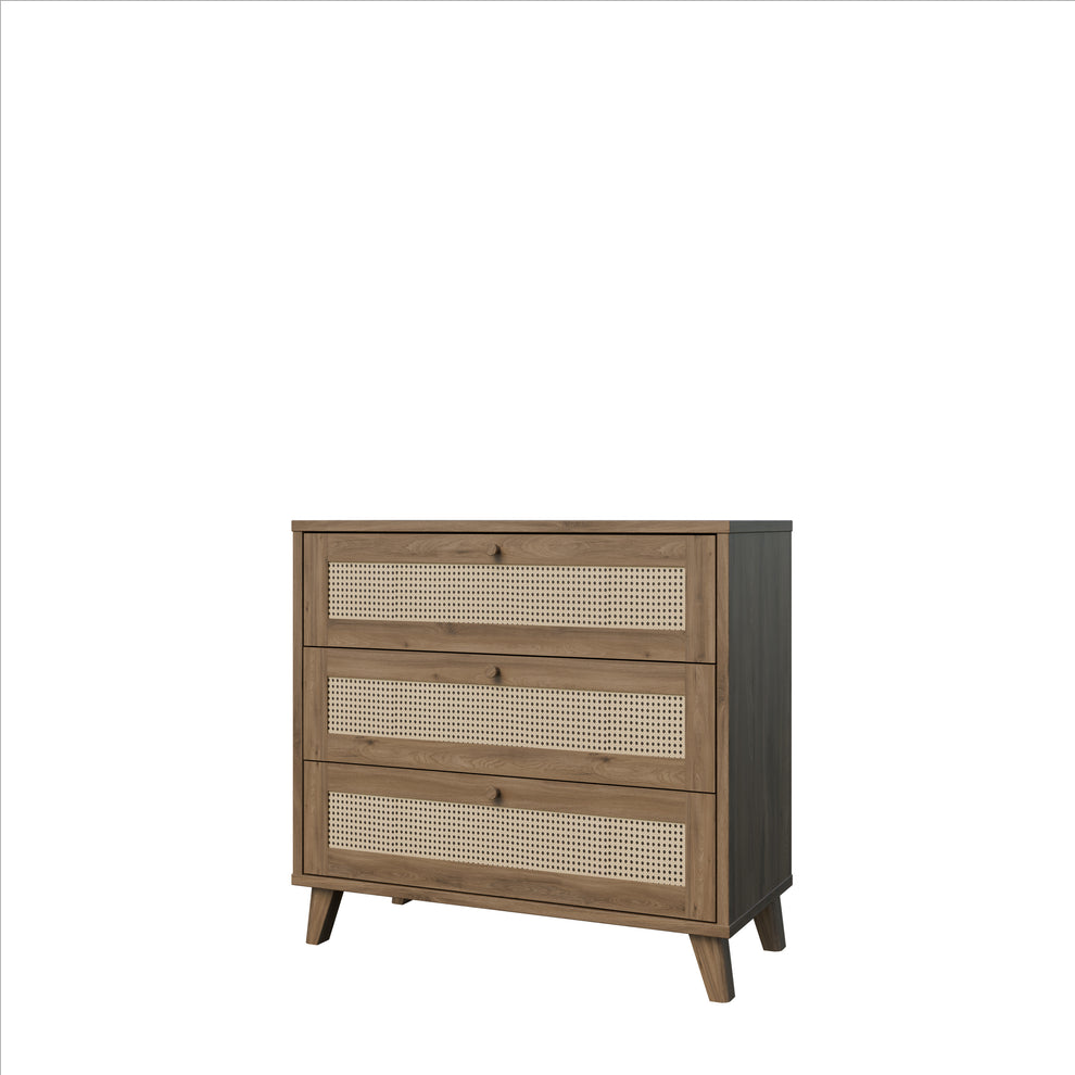 Comoda 3 Sertare Glowkiss, Stejar Valencia Si Ratan Natural, 89.8 Cm
