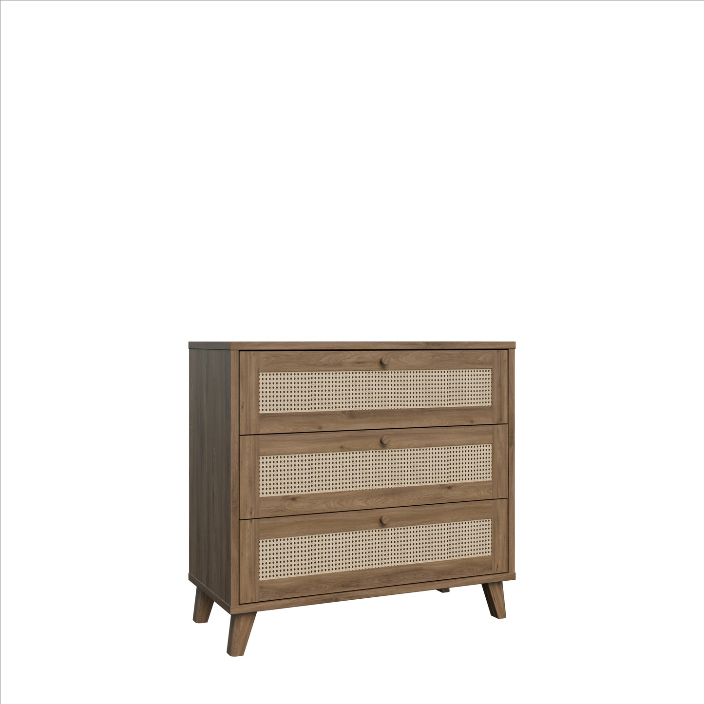 Comoda 3 Sertare Glowkiss, Stejar Valencia Si Ratan Natural, 89.8 Cm