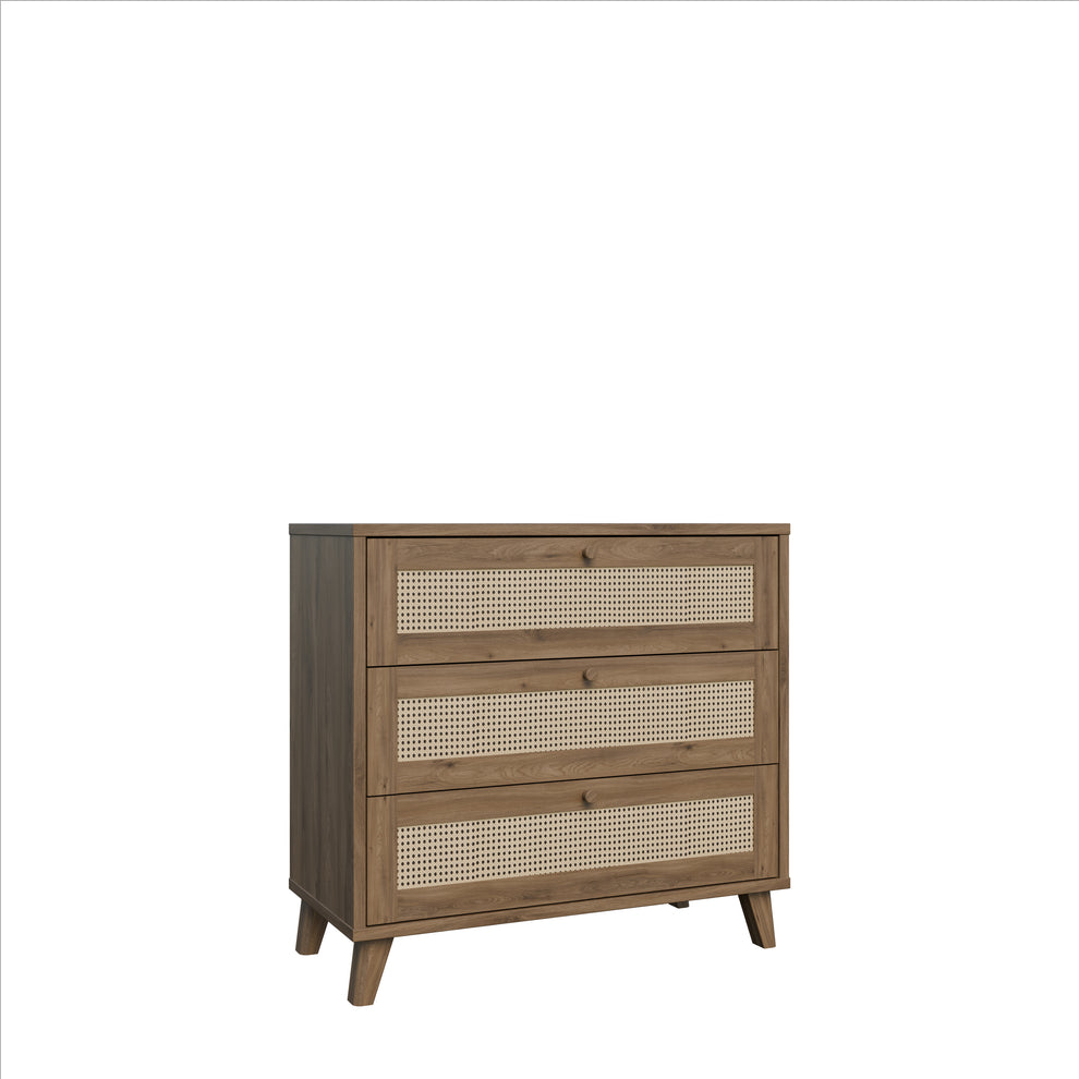 Comoda 3 Sertare Glowkiss, Stejar Valencia Si Ratan Natural, 89.8 Cm
