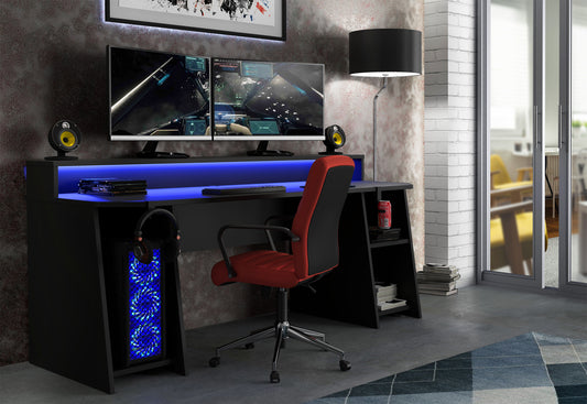 Birou Gaming Trezorio, Raft, LED-uri RGB, Suport Casti Si Suport Bauturi, 200 Cm