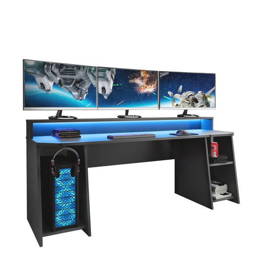 Birou Gaming Trezorio, Raft, LED-uri RGB, Suport Casti Si Suport Bauturi, 200 Cm
