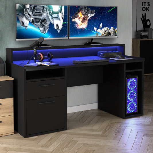 Birou Gaming Trezorio, LED RGB, Suport Casti Si Suport Bauturi, Negru Mat, 160 Cm