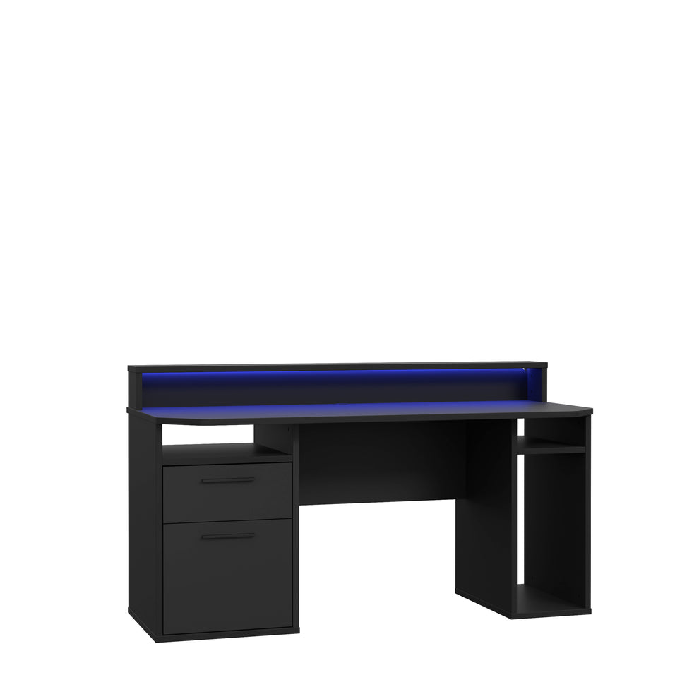 Birou Gaming Trezorio, LED RGB, Suport Casti Si Suport Bauturi, Negru Mat, 160 Cm