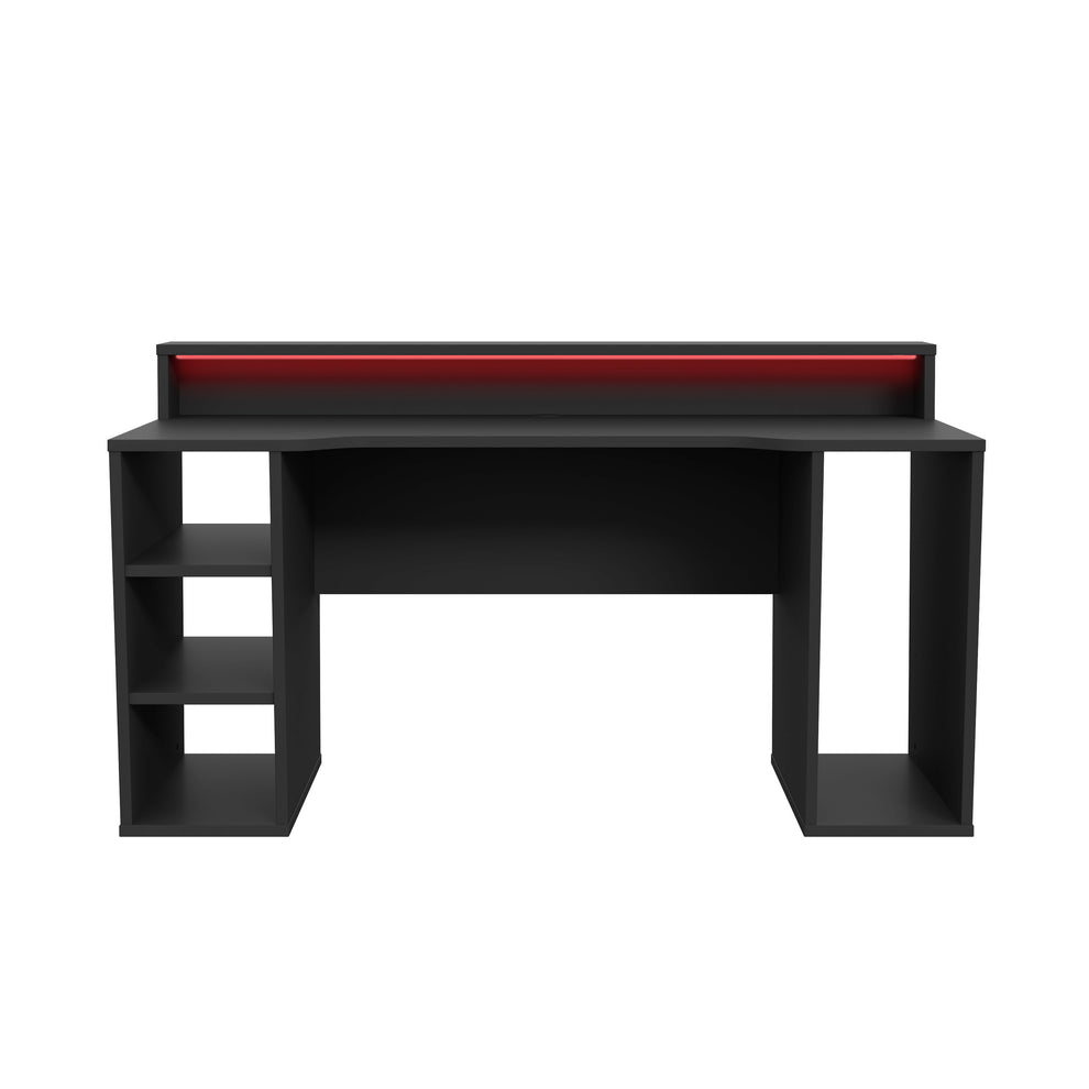 Birou Gaming Trezorio LED RGB, 2 Rafturi, Suport Casti Si Suport Bauturi, Negru Mat,160 Cm
