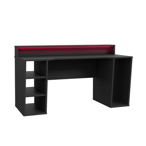 Birou Gaming Trezorio LED RGB, 2 Rafturi, Suport Casti Si Suport Bauturi, Negru Mat,160 Cm