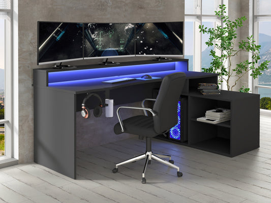 Birou Gaming Trezorio, LED RGB, Suport Casti Si Suport Bauturi, Negru Mat, 200 Cm