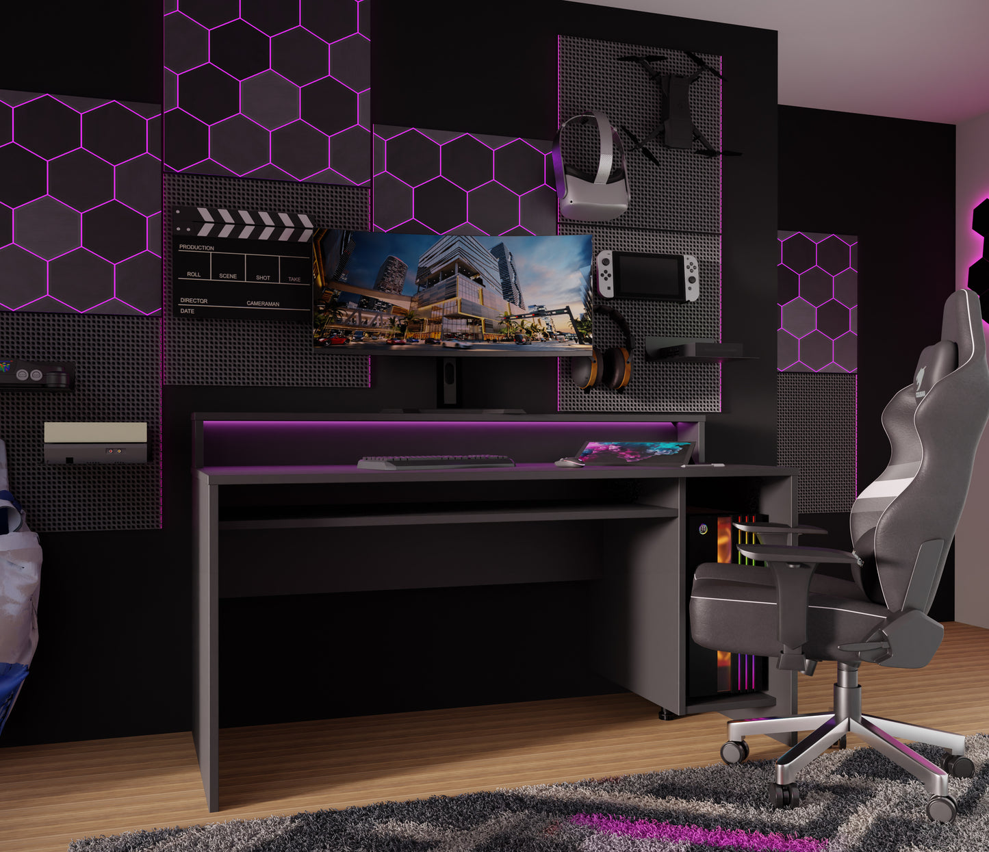 Birou Gaming Trezorio, LED-uri RGB, Negru Mat, 160 Cm