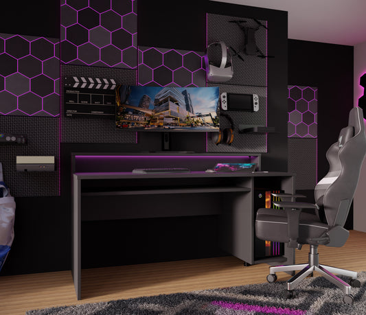 Birou Gaming Trezorio, LED-uri RGB, Negru Mat, 160 Cm