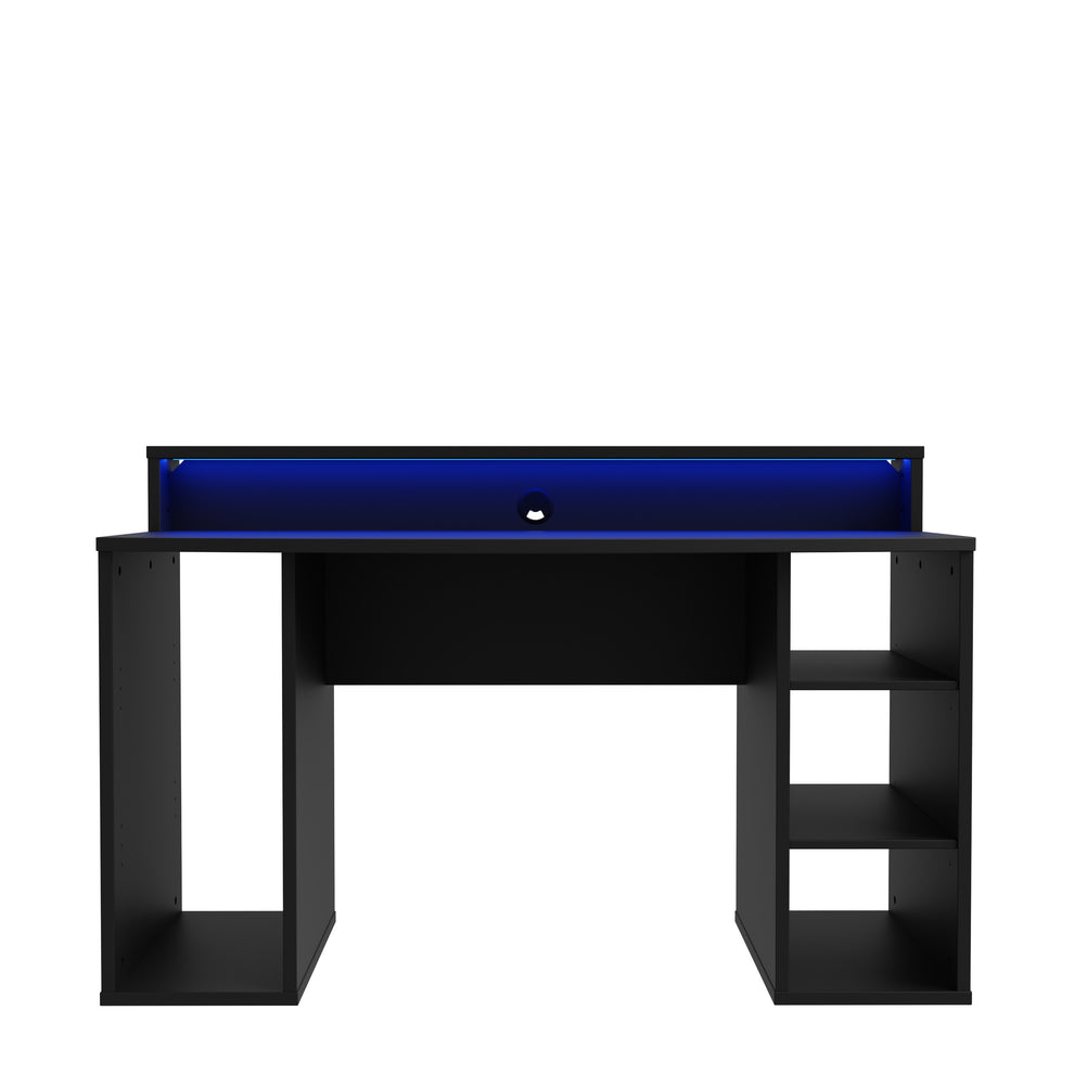 Birou Gaming Trezorio, 2 Rafturi, LED-uri RGB, Negru Mat, 140 Cm