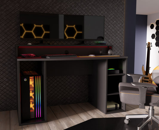 Birou Gaming Trezorio, 2 Rafturi, LED-uri RGB, Negru Mat, 140 Cm