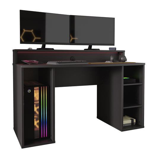 Birou Gaming Trezorio, 2 Rafturi, LED-uri RGB, Negru Mat, 140 Cm
